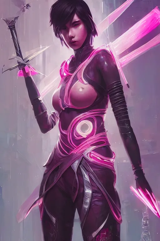 Image similar to fiora from league of legends, cyberpunk futuristic neon. fencing, long sword in her hand, decorated with traditional japanese ornaments by ismail inceoglu dragan bibin hans thoma greg rutkowski alexandros pyromallis nekro rene maritte illustrated, perfect face, fine details, realistic shaded, fine - face, pretty face, masterpiece