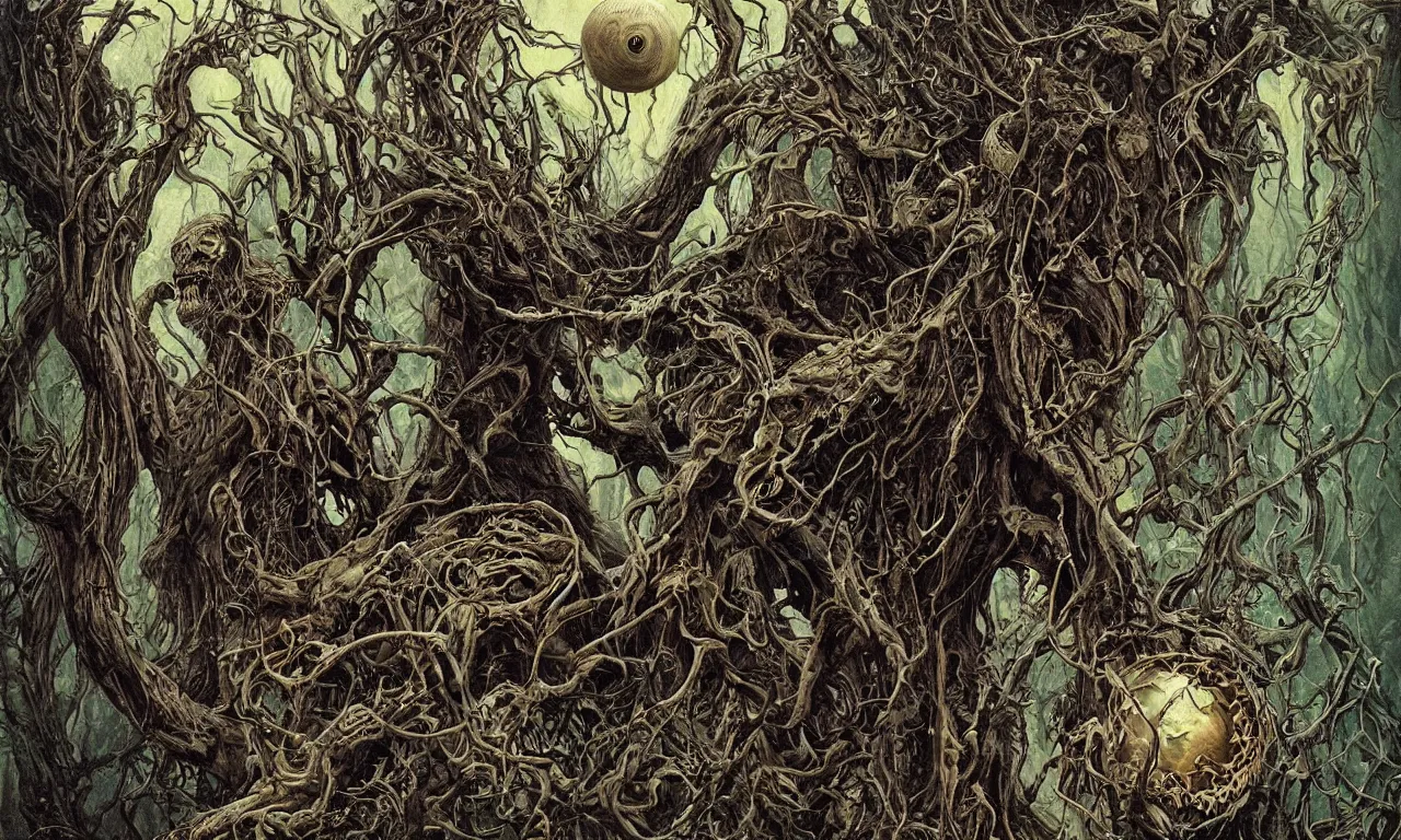 Image similar to hyperdetailed art nouveau portrait of treebeard as a chimera eyeball skull dragon monster, by micheal whelan, simon bisley and bill sienkiewicz, grim yet sparkling atmosphere, photorealism, thorns, claws, teeth, fangs, night in the forest, wild, crazy, scary, horror, lynn varley, lovern kindzierski, steve oliff