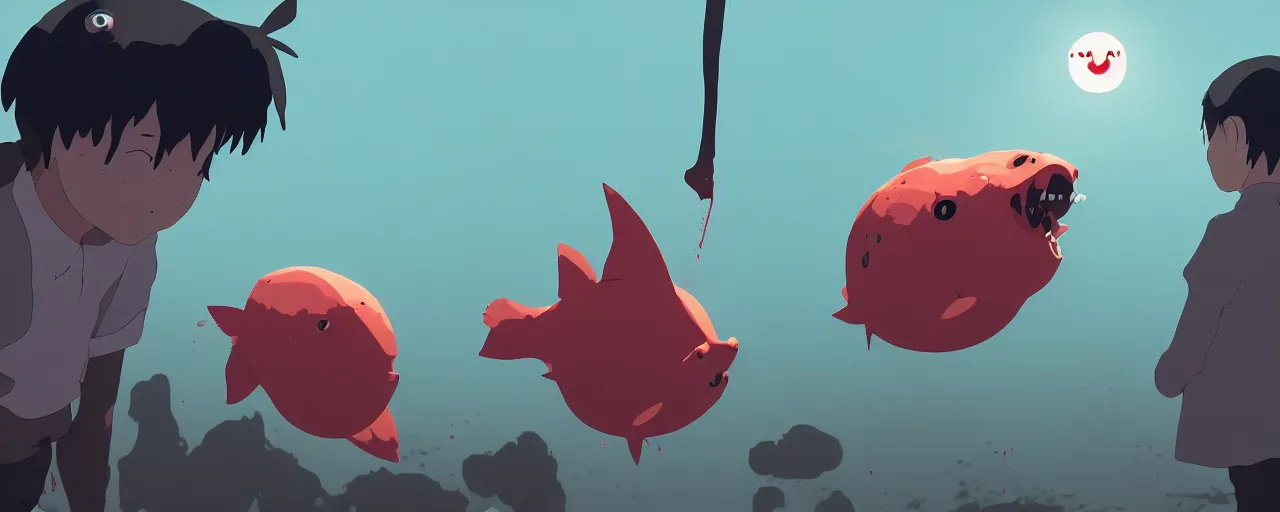 Prompt: piranhas attacking, blood in the water, atey ghailan, goro fujita, studio ghibli, rim light, terrifying, dark lighting, clear focus, very coherent