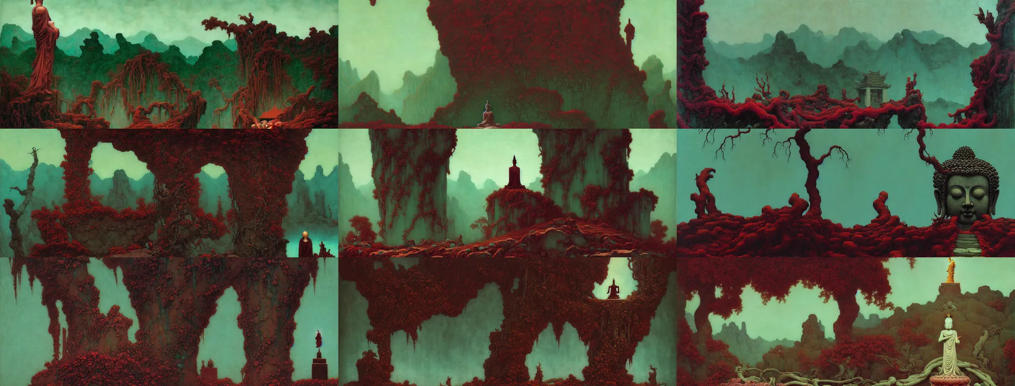 Prompt: a gorgeous bleak autumn painting by barlowe wayne, maxfield parrish, gustave dore and marco mazzoni. close - up shot on a lonely huge chinese buddha statue, broken, stone gate to the dark cave, vines. tiffany blue, maroon, blackish green. the winding stone steps. ultra clear detailed. 3 d, octane render. turbulent blood lake.