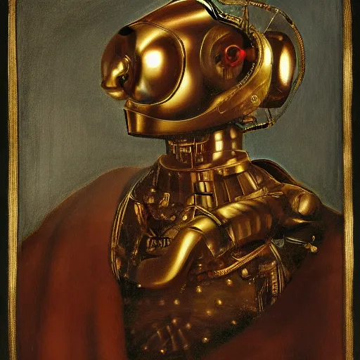 Image similar to a portrait of a shiny metallic renaissance steampunk robot, in the style of Jan van Eyck,