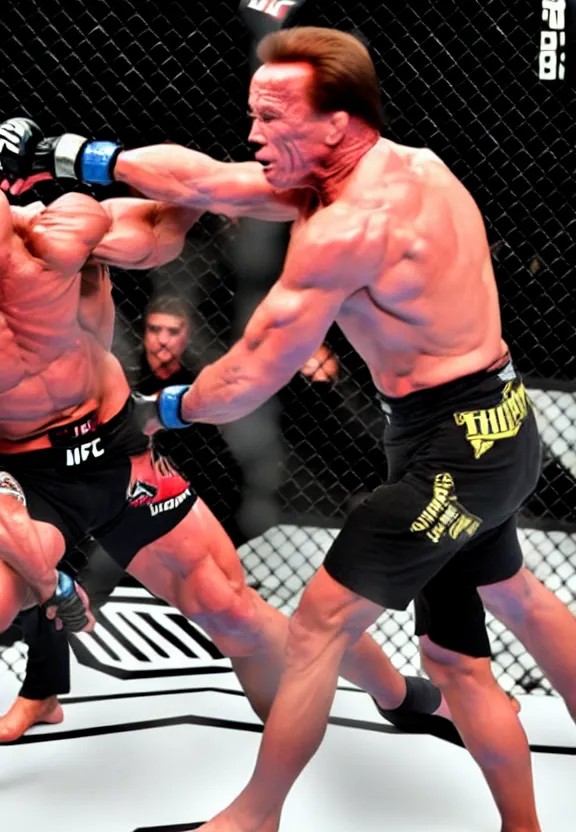 Image similar to streaming still of arnold schwarzenegger fighting in the ufc, punching the opponent