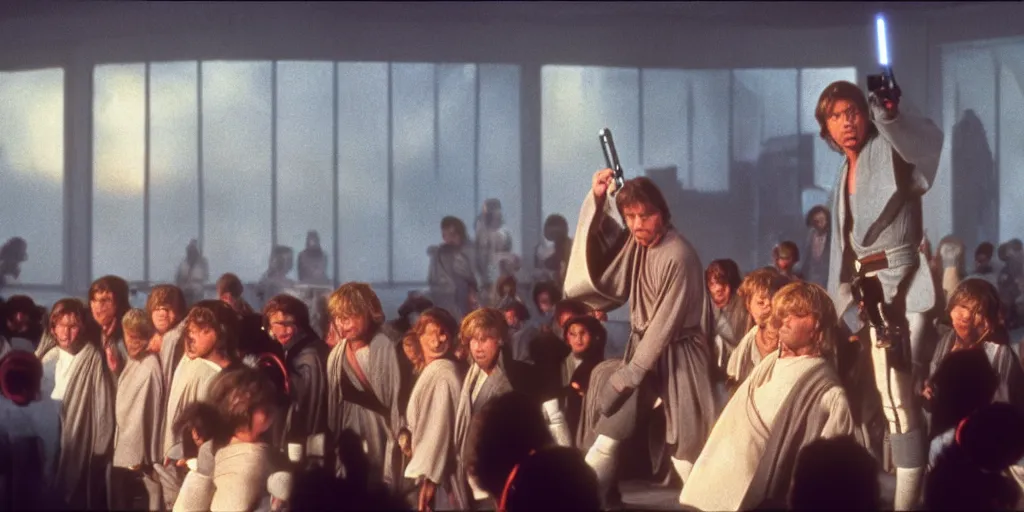 Image similar to A full color still of Mark Hamill as Jedi Master Luke Skywalker training a room full of young Jedi padawans, with large windows showing a sci-fi city outside, at dusk at golden hour, from Star Wars, directed by Steven Spielberg, 1990