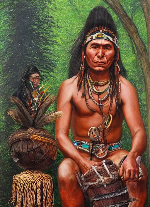 Prompt: a realistic painting of indigenous man sitting next to a shamanic drum, highly detailed, matte painting, fantasy art, ayahuasca