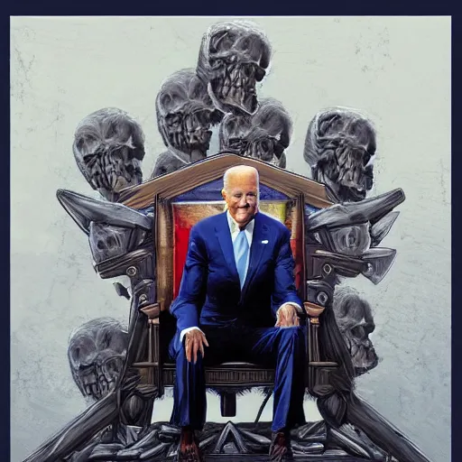 Image similar to Joe Biden sitting on a throne of skulls, digital painting, trending on artstation