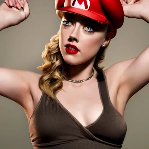 Image similar to amber heard as super mario, highly detailed, extremely high quality, hd, 4 k, 8 k, canon 3 0 0 mm, professional photographer, 4 0 mp, lifelike, top - rated, award winning, realistic, detailed lighting, detailed shadows, sharp, no blur, edited, corrected, trending