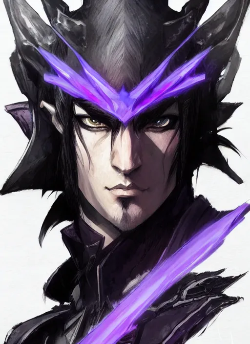 Image similar to Half body portrait of a handsome black haired elven warrior commander in black and purple attire. In style of Yoji Shinkawa and Hyung-tae Kim, trending on ArtStation, dark fantasy, great composition, concept art, highly detailed.
