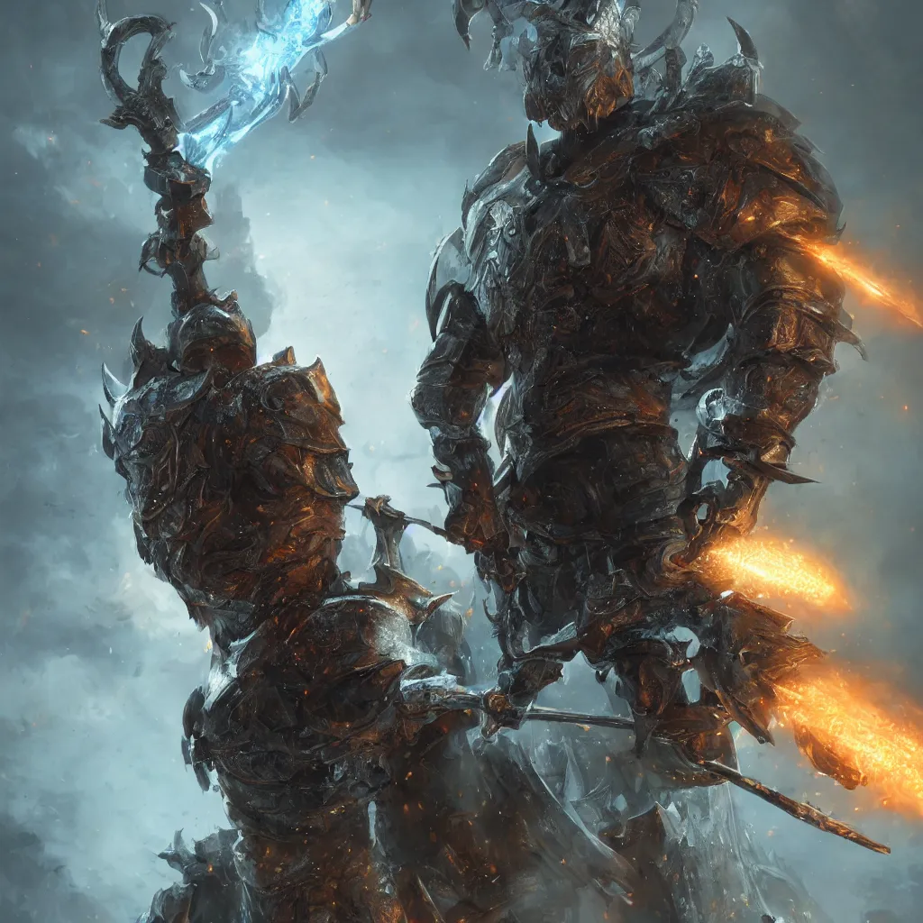 Image similar to photo full-body-portrait of brutal Warrior, wearing intricate steel armor, sharp focus, holding magical fiery battle-axe, magical aura, heroic pose, fantasy style, octane render, volumetric lighting, 8k high definition, by greg rutkowski, highly detailed, trending on ArtStation, magical Battlefield background, centered