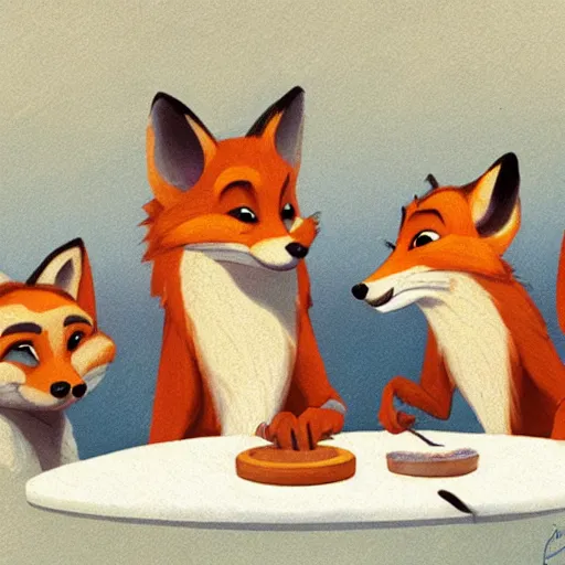 Prompt: foxes judging a cheese competition, furry, cute, disney concept art, pixar, artstation, detailed, award winning, dramatic lighting, snooty expression, smug, cheese, fox, cheese competition, cheese contest, zootopia