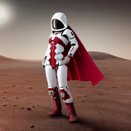 Prompt: a young female soldier, no makeup, wearing glossy sleek white bloodstained dinged scuffed armor and a long torn red cape, heroic posture, determined expression, elegant, no helmet, on the surface of mars, dramatic lighting, cinematic, sci-fi, hyperrealistic, detailed