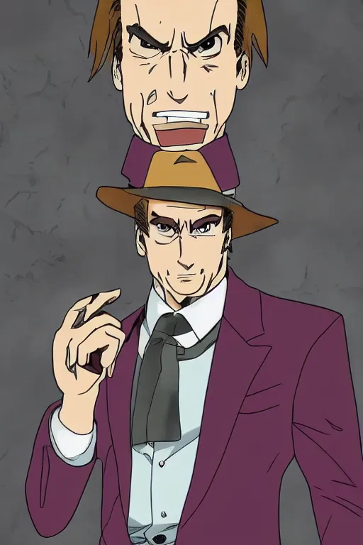 Image similar to Saul Goodman as a hardcore anime character, in the style of Jojo's Bizarre Adventure