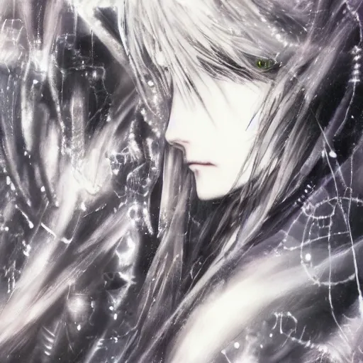 Prompt: Yoshitaka Amano blurred and dreamy illustration of an anime girl with a pirate eye patch, wavy white hair wearing elden ring armour with the cape fluttering in the wind, abstract black and white patterns on the background, noisy film grain effect, highly detailed, Renaissance oil painting, weird portrait angle
