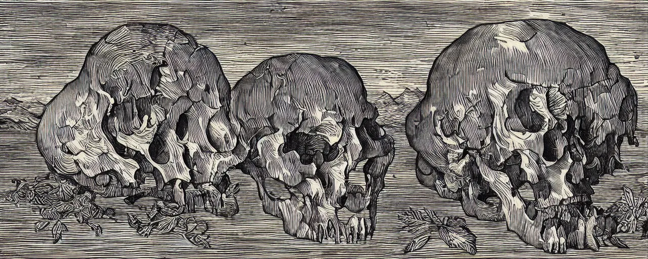 Prompt: Elaborate isometric wallpaper print of a Giant Animal skull in the Sonora Desert landscape in the style of Albrecht Durer and Martin Schongauer, high contrast!! finely carved woodcut engraving black and white crisp edges