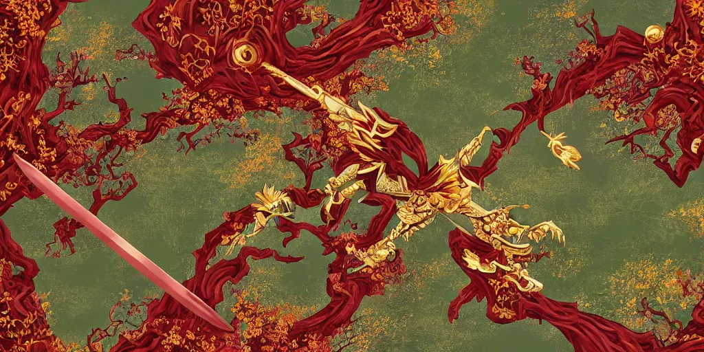 Prompt: cu of a large five armed golden, ruby and emerald encrusted shuriken weapon, flying thru a ancient forest