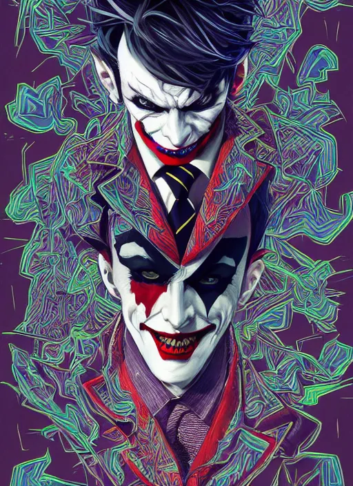 Image similar to portrait of joker from persona, an ultrafine detailed illustration by james jean, intricate linework, bright colors, final fantasy, behance contest winner, vanitas, angular, altermodern, unreal engine 5 highly rendered, global illumination, radiant light, detailed and intricate environment