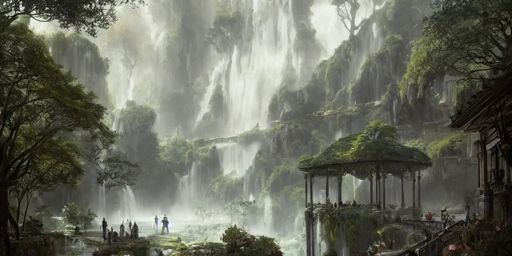 Prompt: A wide open courtyard in a beautiful elven city made of marble, dreamy, lush trees, waterfall , a fantasy digital painting by Greg Rutkowski and James Gurney, trending on Artstation, highly detailed