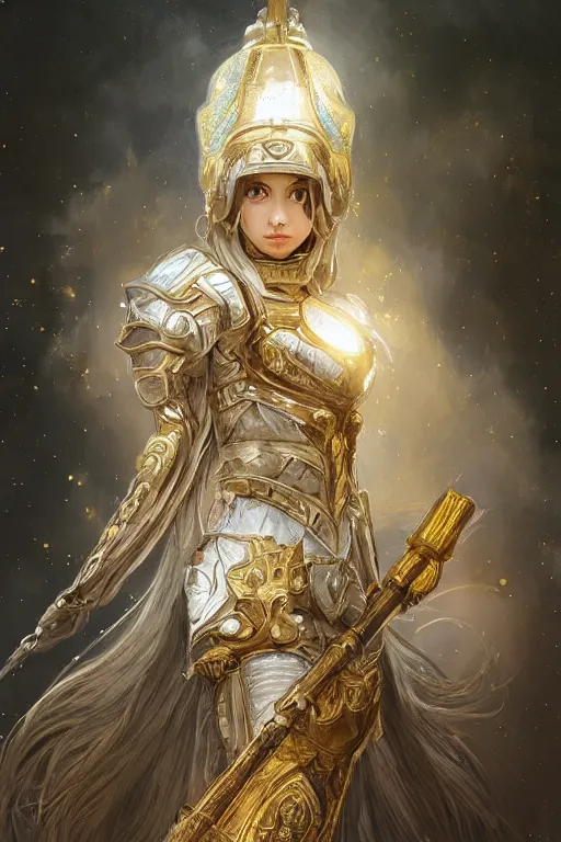 Prompt: portrait knights of Zodiac girl, white color reflected armor, in ruined Agora of Athens moon night and firefly and star sparkles, ssci-fi, fantasy, intricate, very very beautiful, elegant, golden light, highly detailed, digital painting, artstation, concept art, smooth, sharp focus, illustration, art by tian zi and WLOP and alphonse mucha