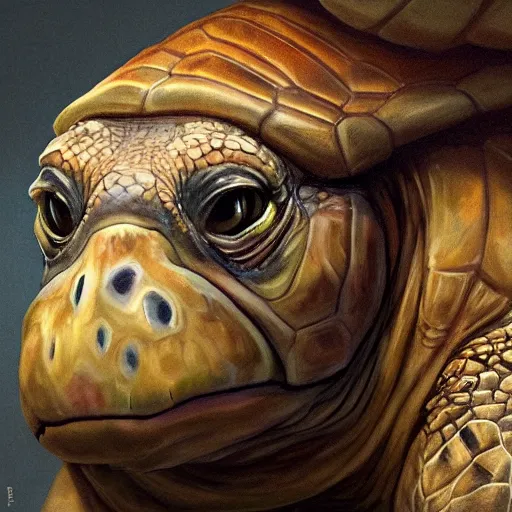 Image similar to zoomed in portrait of a hyper realistic mitch mcconnell as a turtle / tortoise, as an anthropomorphic turtle, painted by greg rutkowski, artgerm, beautiful lighting, masterpiece, epic, 4 k