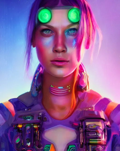 Prompt: colorful portrait of a female hippie cyborg, set in the future 2 1 5 0 | highly detailed | very intricate | symmetrical | professional model | cinematic lighting | award - winning | painted by mandy jurgens and ross tran | pan futurism, dystopian, bold psychedelic colors, cyberpunk, groovy vibe, anime aesthestic | featured on artstation