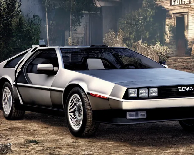 Image similar to new concept for a delorean, cinematic, photoreal, by red dead redemption 2