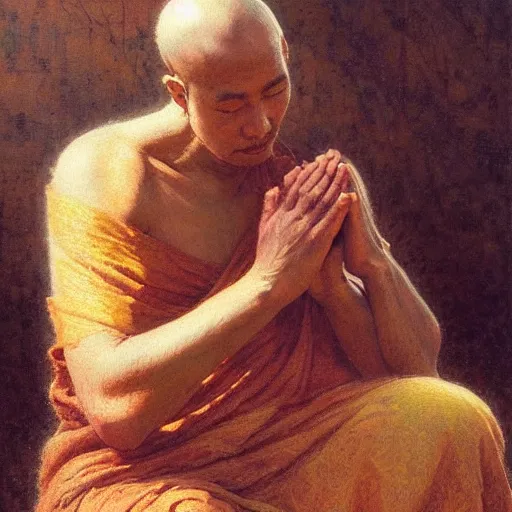 Image similar to highly detailed potrait of blind folded buddhist monk praying like jesus, painting by gaston bussiere, craig mullins, j. c. leyendecker, lights, art by ernst haeckel, john william godward, hammershøi,