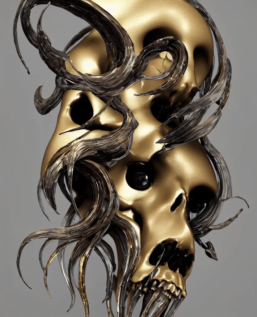 Image similar to goddess princess face close-up portrait ram skull. sculpture made of polished gold and matte obsidian. jellyfish phoenix head, nautilus, orchid, skull, betta fish, bioluminiscent creatures, intricate artwork by Tooth Wu and wlop and beeple. octane render, trending on artstation, greg rutkowski very coherent symmetrical artwork. cinematic, hyper realism, high detail, octane render, 8k