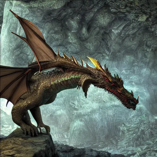 Prompt: dragon at the entrance to a mountain cave, sharp, realistic render