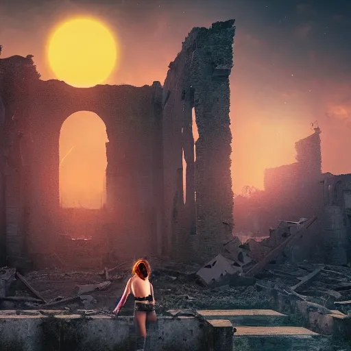 Prompt: A beautiful picture of a suicidal girl against the background of ruins of a destroyed city and a yellow -red moon, as move The Divide, extremely detailed, stunning volumetric lighting, atmosphere, hyper realism, fantasy 4k