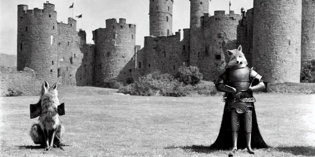 Image similar to anthropomorphic fox who is a medieval knight in front of a castle 1 9 3 0 s film still, ladislas starevich