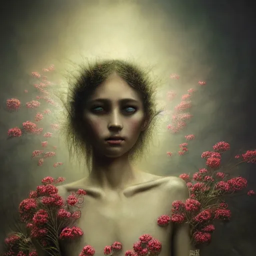 Prompt: A Black background portrait of An angel in a dress made of flowers by Zdzisław Beksiński and Greg Rutkowski and Yoshitaka Amano,In style of digital illustration art,Rembrandt lighting,Ray tracing,hyper detailed,sharp focus,Soft light.4k