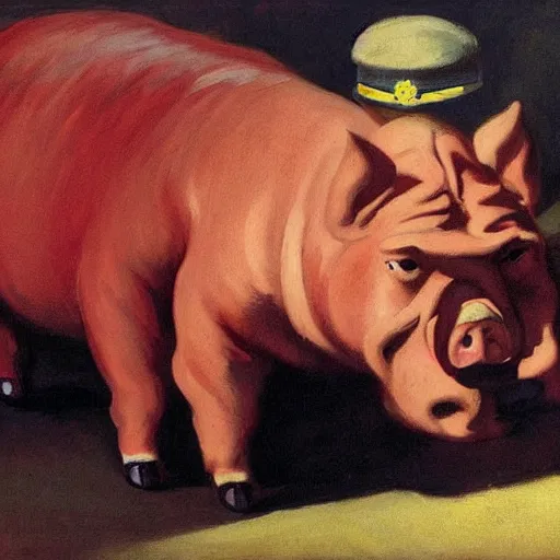 Image similar to highly detailed propaganda poster portrait of the leader of fascist hungary, viktor orban riding a pig during a traditional pig slaughter, painted by edward hopper