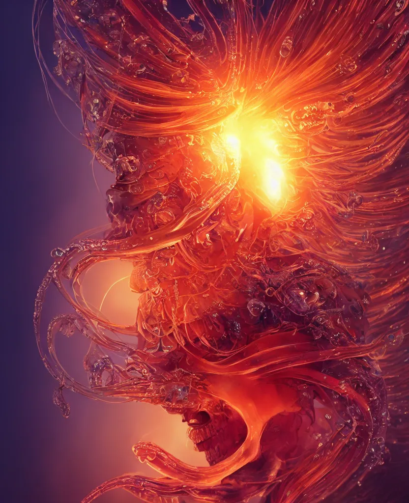 Image similar to close-up macro portrait of the face of a beautiful princess, epic angle and pose, symmetrical artwork, 3d with depth of field, blurred background, cybernetic jellyfish female face skull phoenix bird, translucent, nautilus, energy flows of water and fire. a highly detailed epic cinematic concept art CG render. made in Maya, Blender and Photoshop, octane render, excellent composition, cinematic dystopian brutalist atmosphere, dynamic dramatic cinematic lighting, aesthetic, very inspirational, arthouse. y Greg Rutkowski, Ilya Kuvshinov, WLOP, Stanley Artgerm Lau, Ruan Jia and Fenghua Zhong