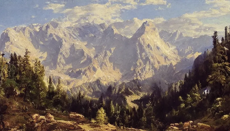 Prompt: a beautiful mountain valley by eugene von guerard, ivan shishkin, john singer sargent