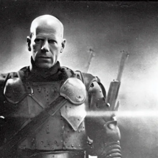 Prompt: old black and white photo, 1 9 1 3, depicting bruce willis in combat armor with guns, historical record, volumetric lights