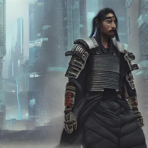 Image similar to cyberpunk samurai in a dytopian future, ultra realistic, fog