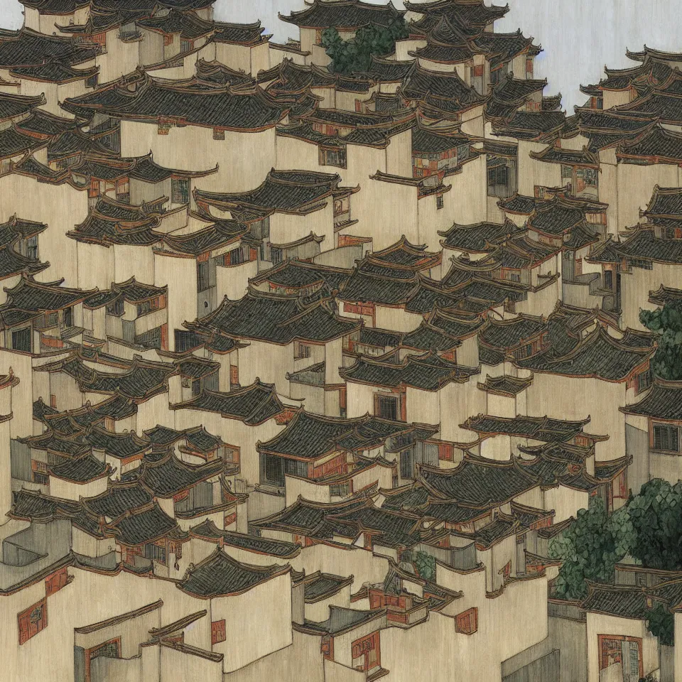 Image similar to a painting of hongcun ancient village houses by edward hopper and james jean