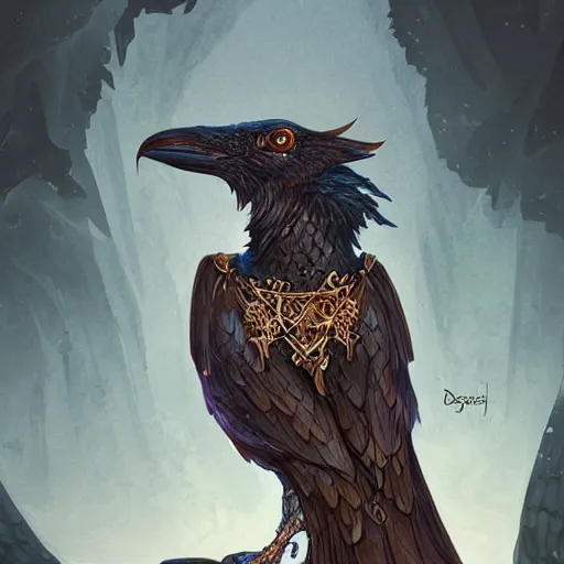 Prompt: full body illustration of raven watching the world! underneath, d & d, fantasy, intricate, elegant, highly detailed, digital painting, artstation, concept art, smooth, sharp focus, illustration, art by dragolisco