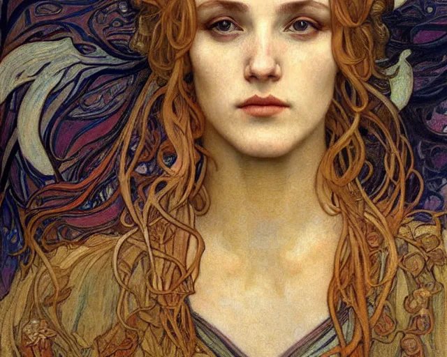Image similar to detailed realistic beautiful young medieval queen face portrait by jean delville, alphonse mucha, vincent van gogh, and marco mazzoni, art nouveau, symbolist, visionary, gothic, pre - raphaelite
