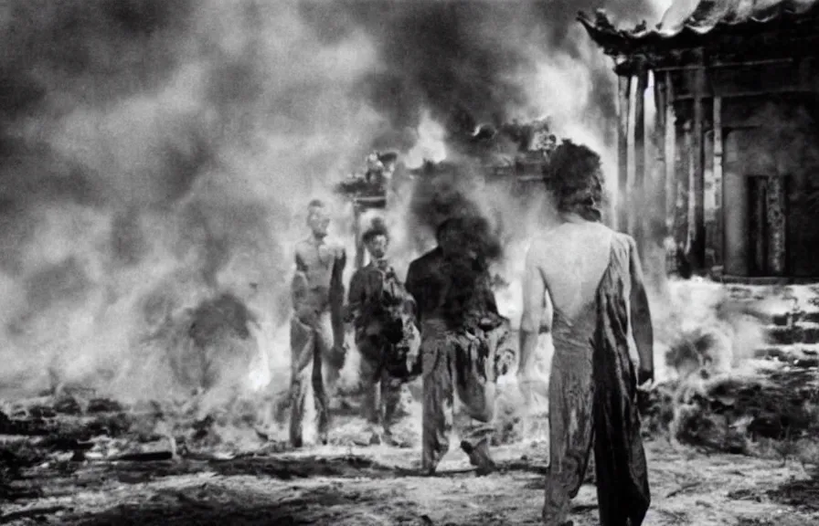 Image similar to burning temple, vintage movie still