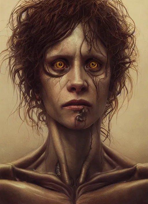 Image similar to a hyper detailed face portrait of ellen ripley becoming a xenomorph, by tom bagshaw, by zdzisław beksinski, trending on artstation