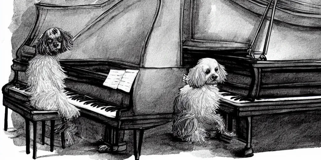 Prompt: cute a brown and white Spaniel playing a grand piano, illustration, b&w, fantasy