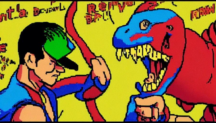 Image similar to beautiful still from retro snes arcade game featuring gene kelly demanding a refund on undercooked overpriced dinosaur steak in downtown dive bar bistro, hyperreal detailed facial features and uv lighting, retro nintendo bitmap pixel art