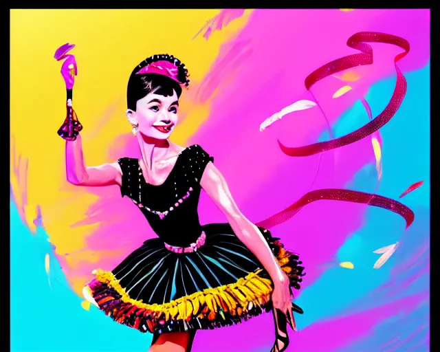 Image similar to audrey hepburn as a cancan dancer in art deco style, hyper realistic, artstation, illustration, digital paint, matte paint, vivid colors, bright, cheerful, detailed and intricate environment