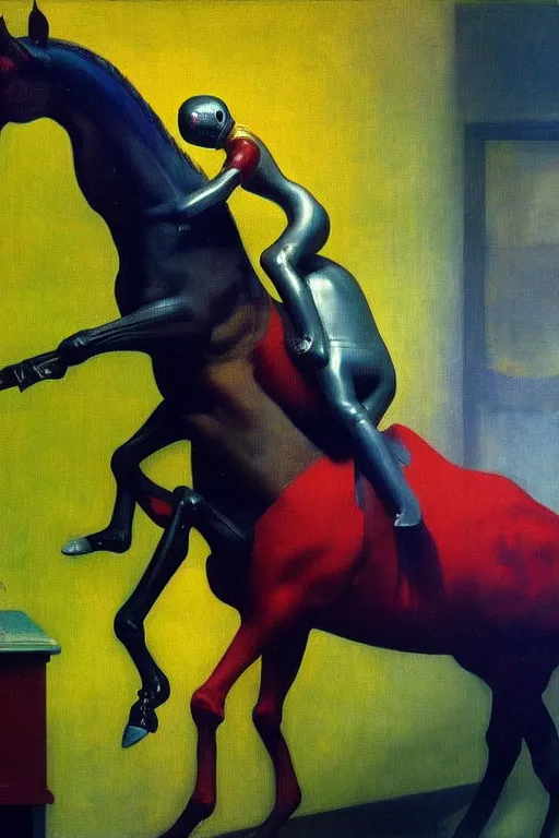 Prompt: a horse sits astride an astronaut, hauntingly surreal, highly detailed painting by francis bacon, edward hopper, adrian ghenie, gerhard richter, and james jean soft light 4 k,