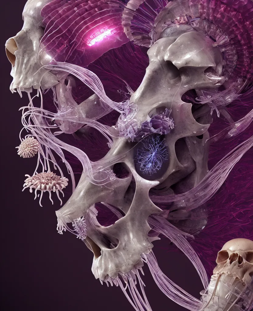 Image similar to goddess close-up portrait ram skull, thorax, x-ray, backbone, jellyfish phoenix head, nautilus, orchid, skull, betta fish, bioluminiscent creatures, intricate artwork by Tooth Wu and wlop and beeple. octane render, trending on artstation, greg rutkowski very coherent symmetrical artwork. cinematic, hyper realism, high detail, octane render, 8k