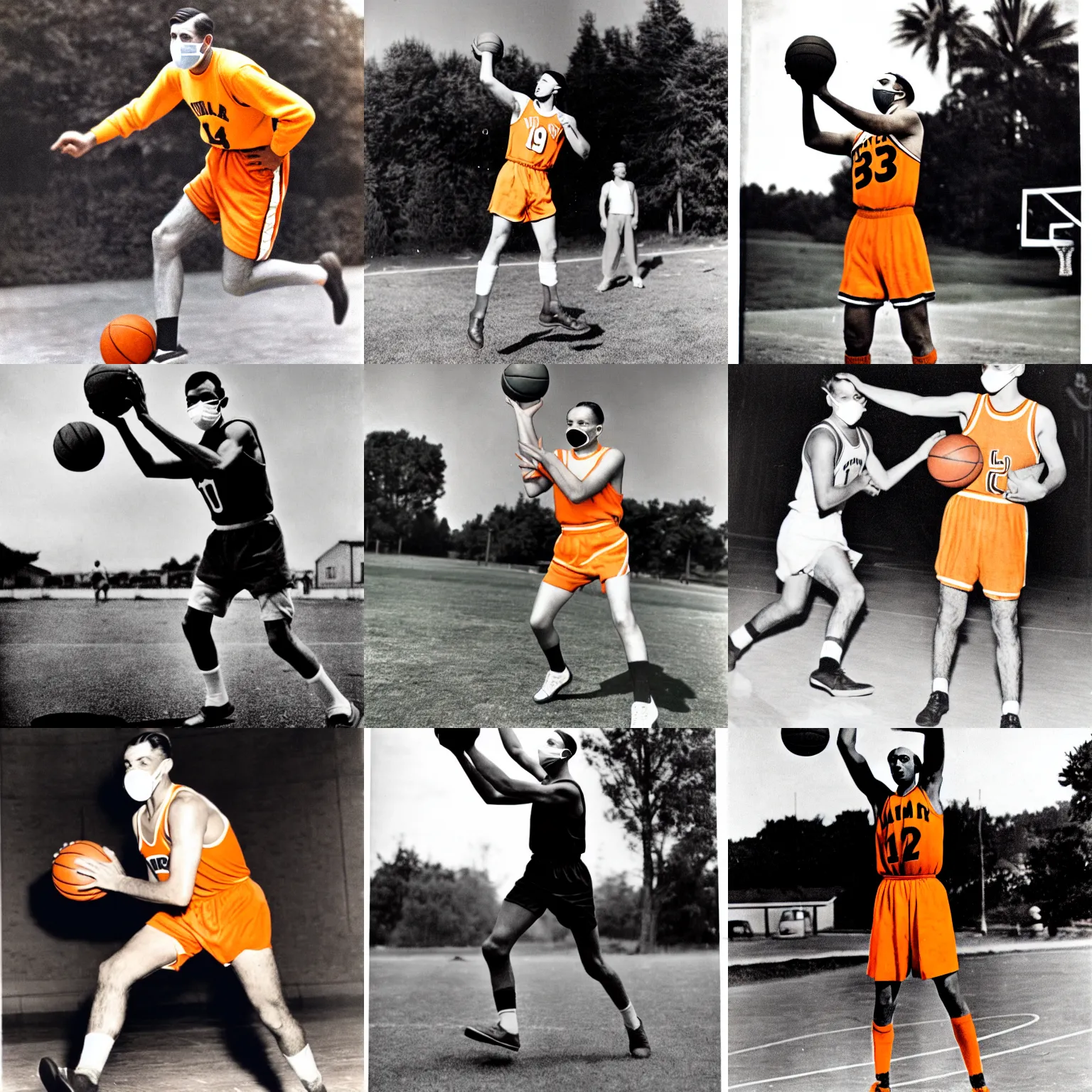 Prompt: 1 9 4 0's photo of a man playing basketball, orange jersey, face mask, athletic