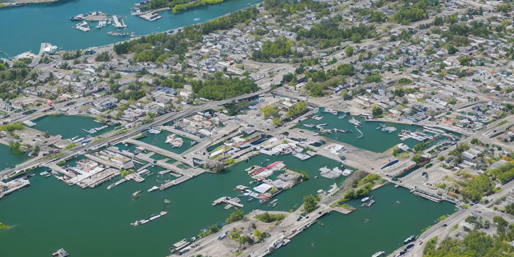 Image similar to bird's eye view of a city, trailer park, a road, bridge, and inlet with docking area.