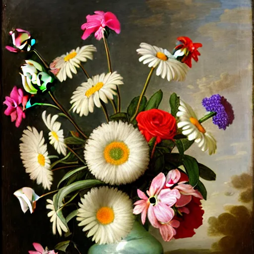 Image similar to a still life of a vase of flowers with a mix of roses daisies and lilies.