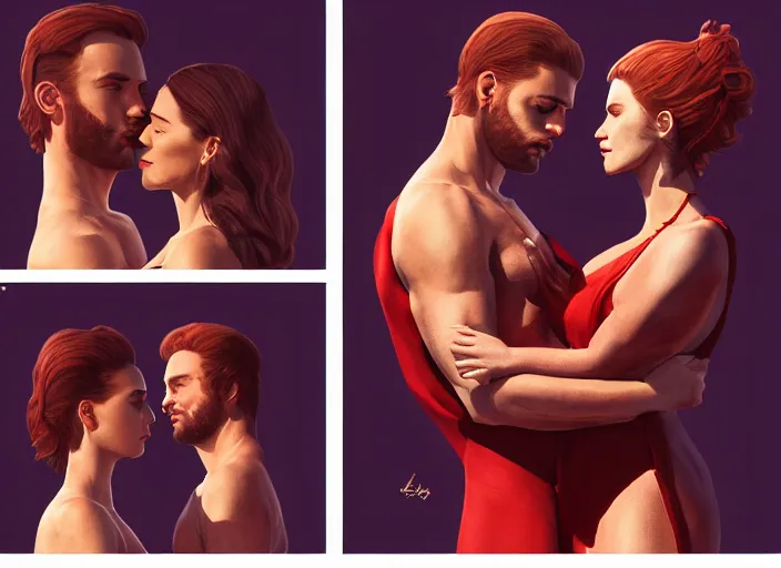 Image similar to couple, man and woman in pose of couple vol 2 photo reference pack for artists, spirit hugs, gold trim, atmoshperic, elegant, sharp focus, red sun, huge lips, poses by satine zillah, environment by hw 6 5 2 3, art by ilya ozornin, artstation, intricate details, concept art