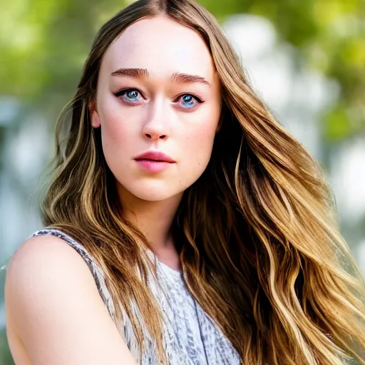 Prompt: a portrait of alycia debnam carey closed mouth-smile while posing for photo, award winning photograph, HDR, natural lighting, shot on nikon z9, depth of field, f/1.8,